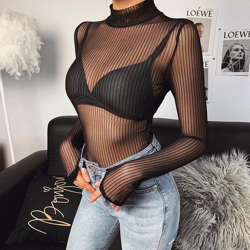 Sexy gauze perspective long sleeve T-shirt women's high neck tight body figure showing one-piece top