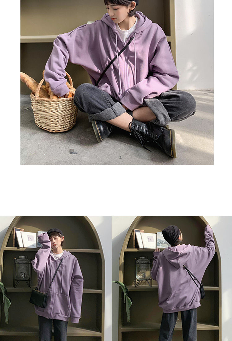 外套女春秋韩版ins复古紫色上衣开衫宽松bf连帽卫衣棒球服外搭潮