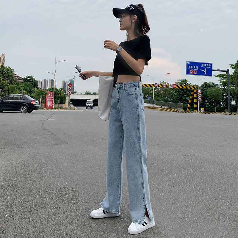 Small slit wide-leg jeans women's straight loose-fitting high-waisted  summer new drape mopping pants