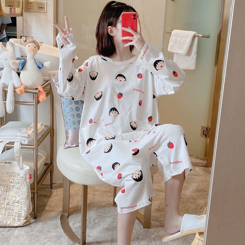 Cotton nightdress women's spring autumn pajamas thin long sleeve one-piece light proof trouser skirt cartoon cute large size home clothes