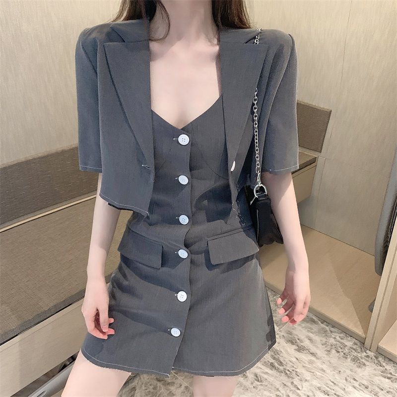 Summer suit retro single breasted sling dress casual short Blazer outerwear two piece suit