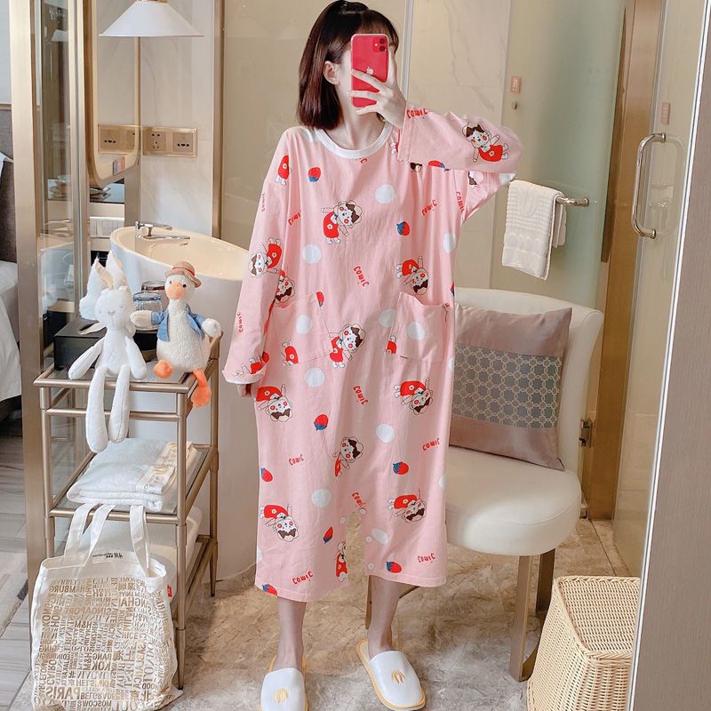 Cotton nightdress women's spring autumn pajamas thin long sleeve one-piece light proof trouser skirt cartoon cute large size home clothes