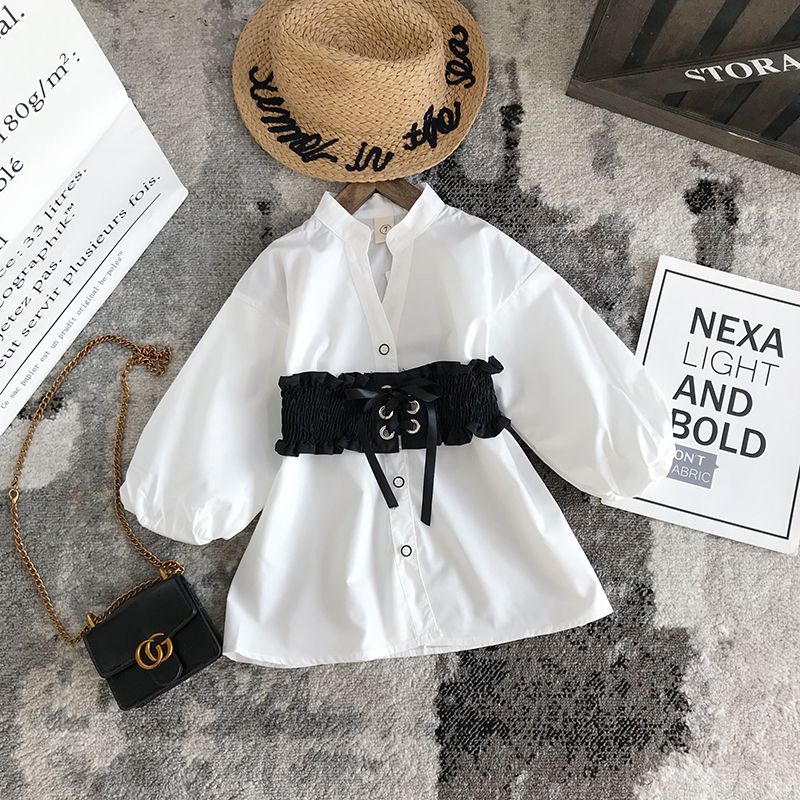 Children's wear spring and autumn girl's white medium length shirt children's foreign style long sleeve shirt baby's seven point sleeve top parent-child