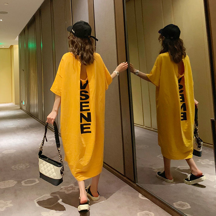 Fat MM extra large size 300 catties pregnant woman dress 2023 summer backless loose belly hidden meat over-the-knee T-shirt long skirt