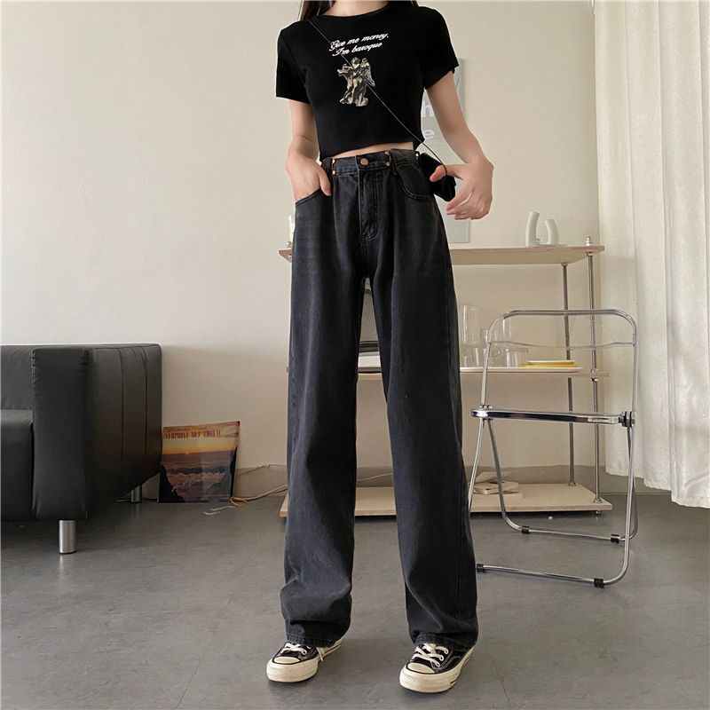 老爹牛仔褲女秋冬大碼胖mm200斤寬鬆直筒韓版高腰顯瘦垂感闊腿褲