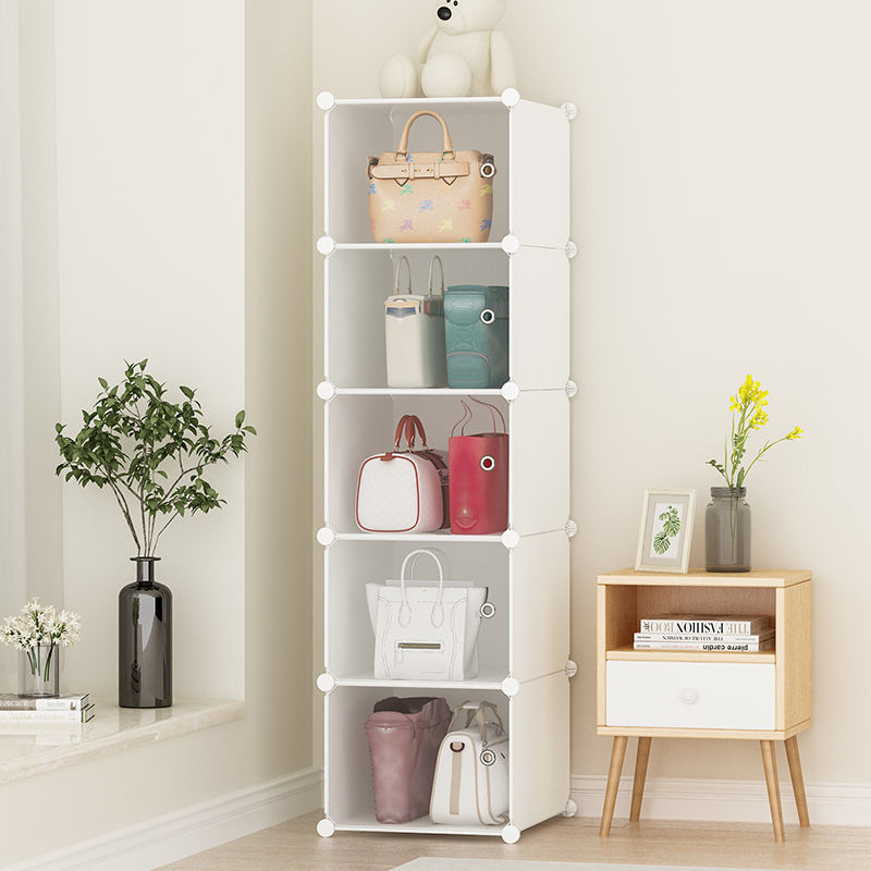 A shelf for storing bags. A wardrobe storage rack. A storage cabinet behind the door. A bedroom storage rack