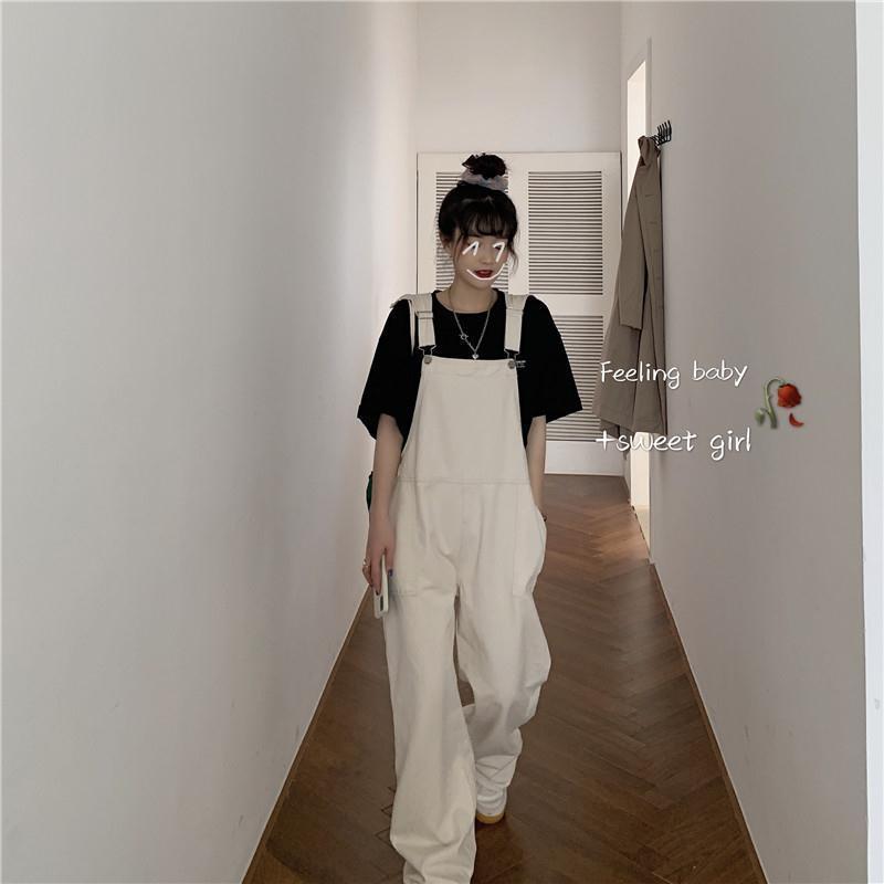 Autumn ins small fresh young denim back pants women's loose high waist straight tube wide leg pants show thin one-piece pants