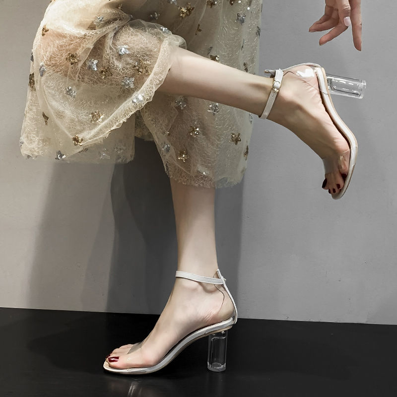 夏季新款透明一字扣带粗跟露趾凉鞋女水晶跟圆跟气质高跟鞋女