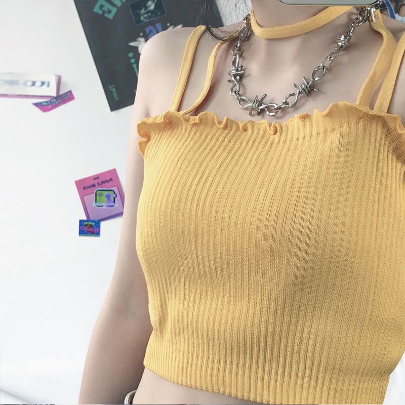 Short necked halter top for women's 2020 summer Korean Harajuku style new slim fit open navel versatile Knitted Top