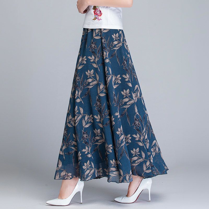 Autumn new large women's dress imitation ice silk floral skirt half length skirt A-line skirt swing skirt long skirt
