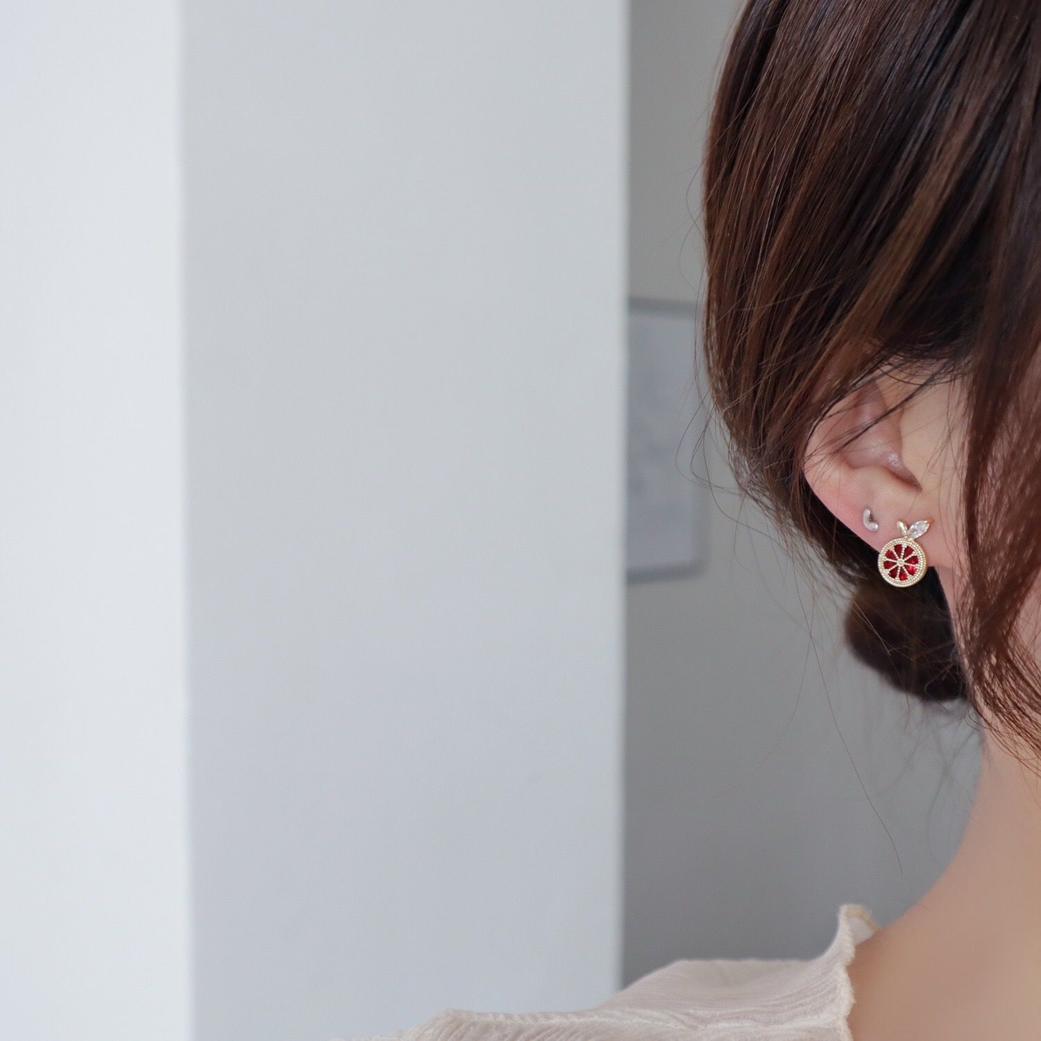 时尚韩版西柚水果耳钉女纯银气质学生可爱简约个性耳环耳饰品潮