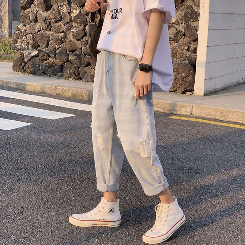 Ripped jeans men's straight loose ins trendy brand light-colored pants summer thin Korean version of the trendy nine-point pants 9 points