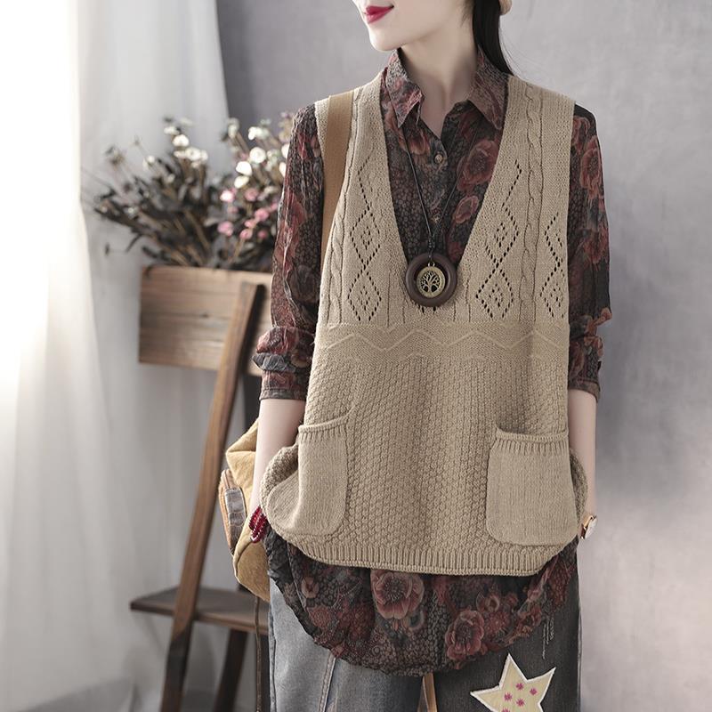 Women's sweater waistcoat in spring and autumn with loose V-neck and double pocket sweater
