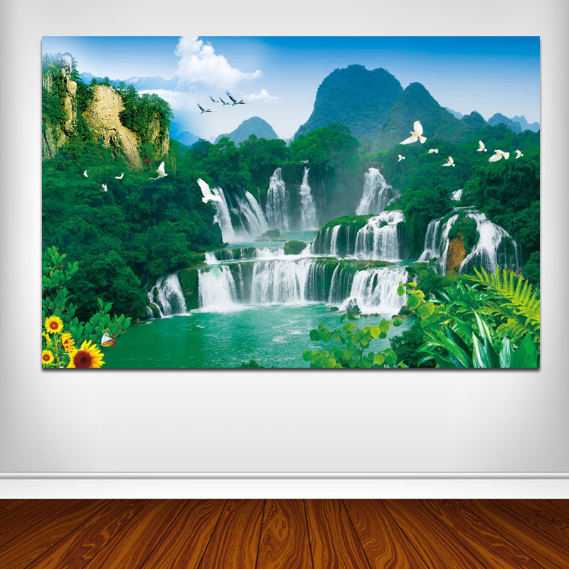 桂林山水瀑布装饰画 聚宝盆地形聚财挂画 开运山水办公室贴画w202