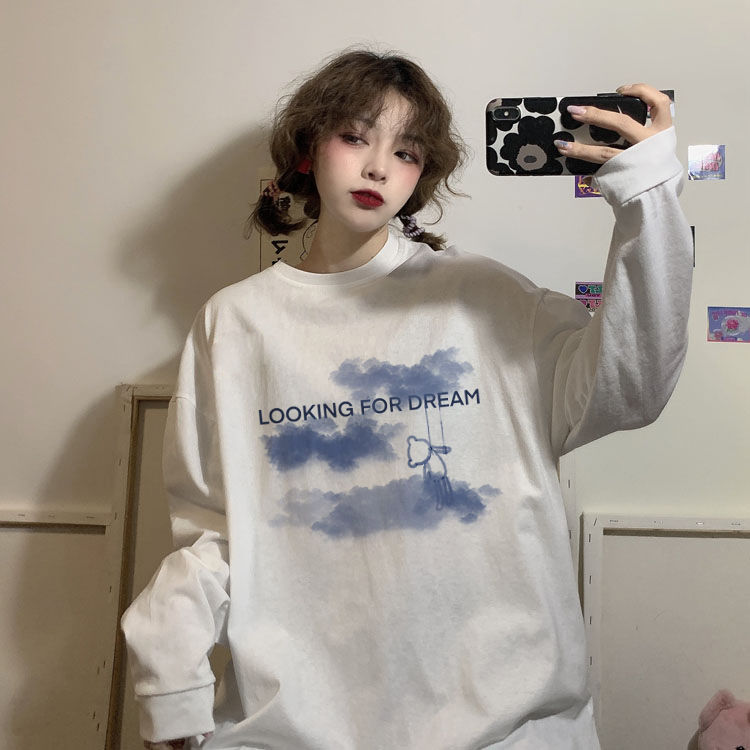 Autumn Korean 2020 new loose and versatile printing medium and long reduced age white Long Sleeve T-shirt for female students