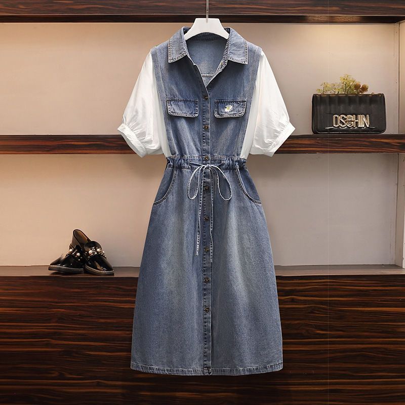 Big size women's dress 200kg fat sister summer skirt women's foreign style age reduction splicing fake two denim dress fashion