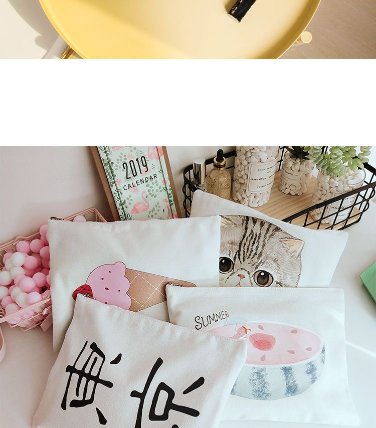 韓國新款少女小清新帆布文件袋學生女可愛拉鏈提繩A5收納袋-一家雜貨鋪