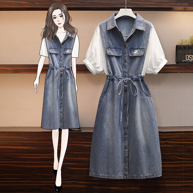 Big size women's dress 200kg fat sister summer skirt women's foreign style age reduction splicing fake two denim dress fashion