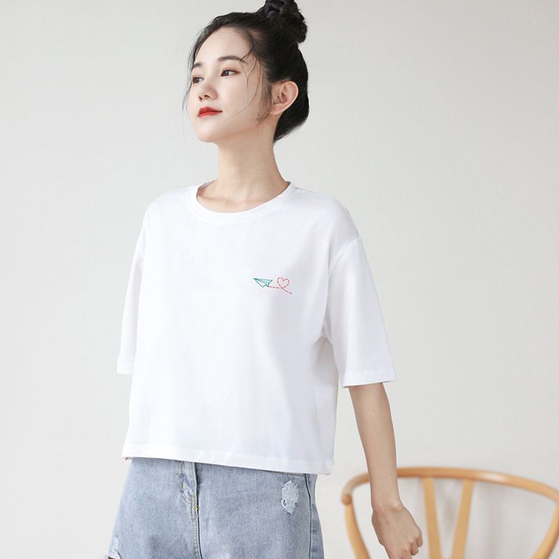 2023 new white round neck T-shirt women's summer loose Korean version of pure white short-sleeved student short cotton top ins tide