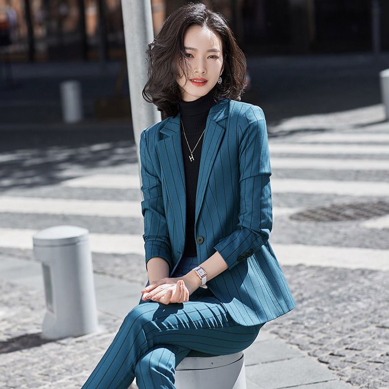 藍色條紋西裝套裝女2023春秋新款韓版時尚氣質休閒顯瘦職業西服