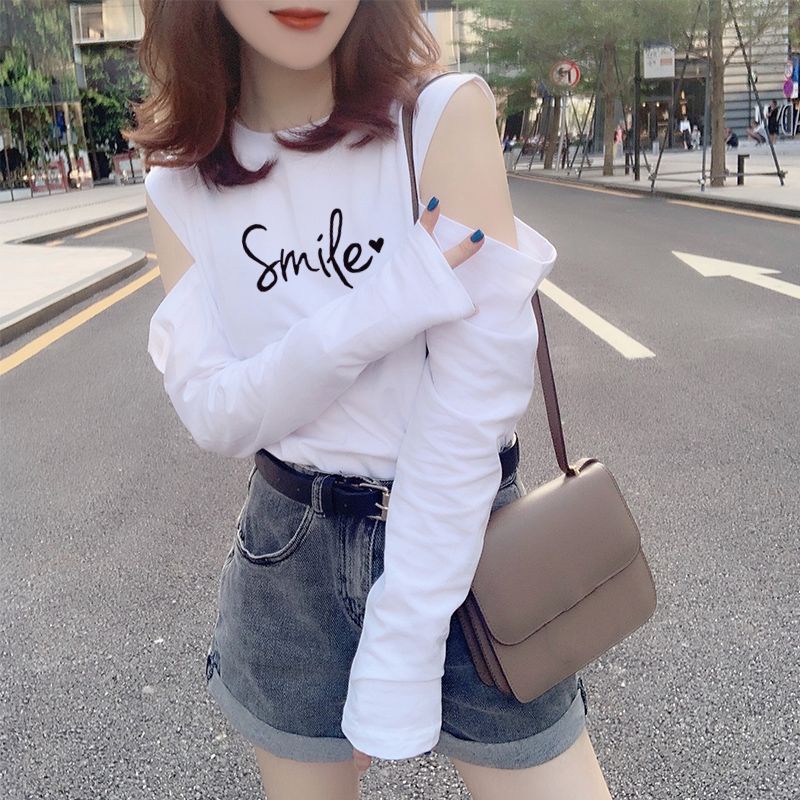 Long sleeve T-shirt women's spring and Autumn New Korean net red versatile off the shoulder show thin design