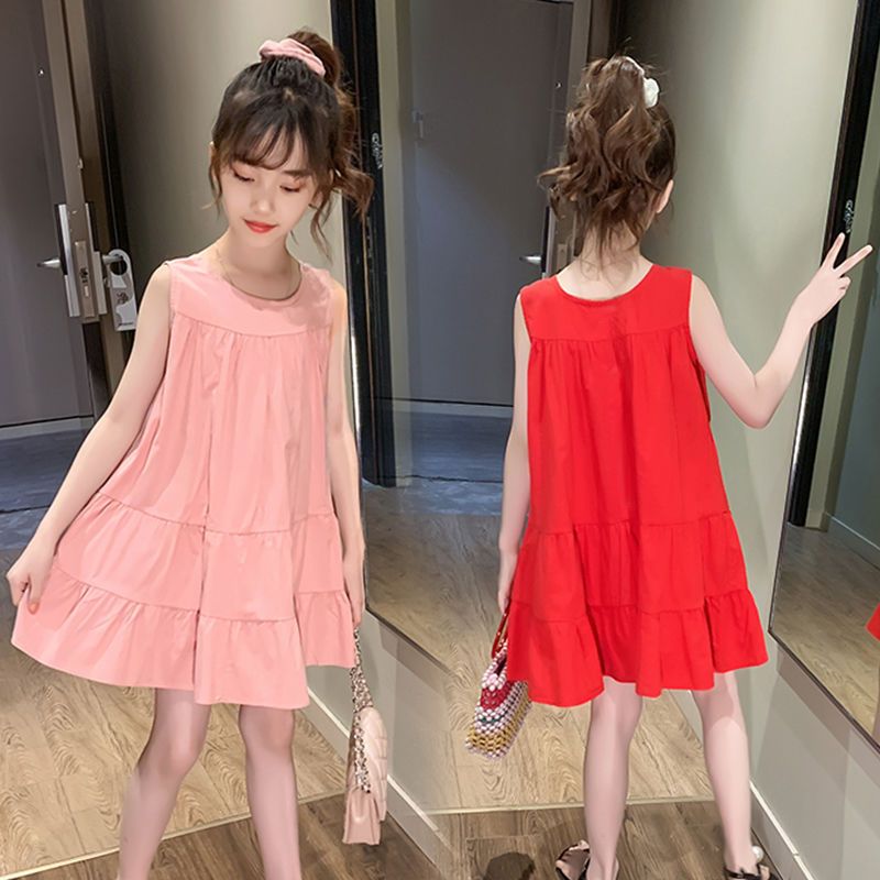 Girls 2020 new summer dress cake skirt vest skirt loose foreign style Korean dress solid color mid length skirt