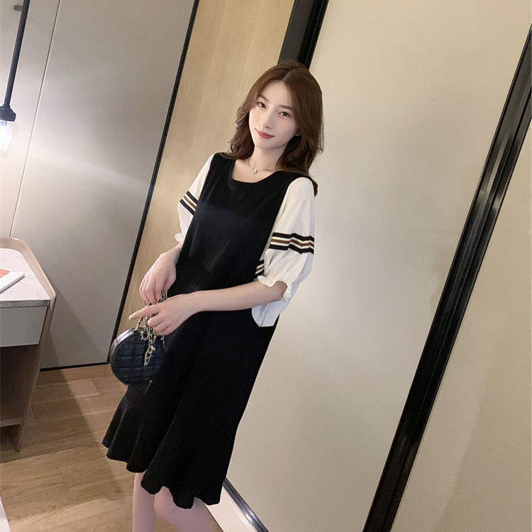 Extra large size 300 catties fake two-piece dress  summer new fat mm loose belly hidden meat pregnant woman dress