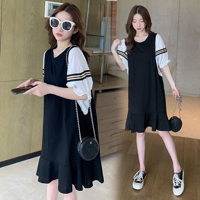 Extra large size 300 catties fake two-piece dress  summer new fat mm loose belly hidden meat pregnant woman dress