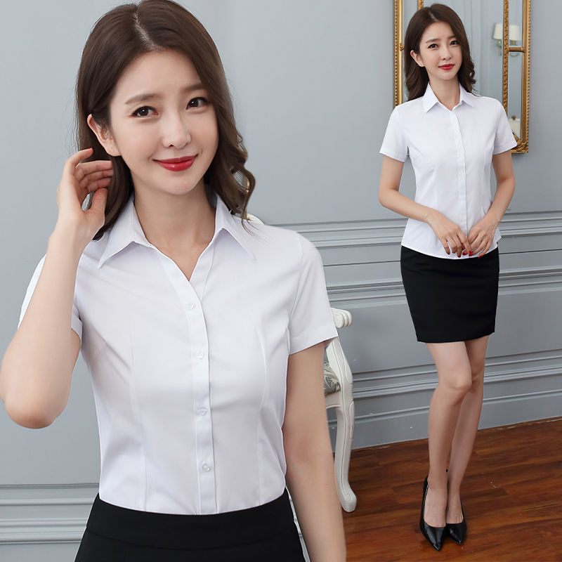 夏季方领职业衬衫女装正装短袖棉工装女韩版收腰条纹工作服白衬衣