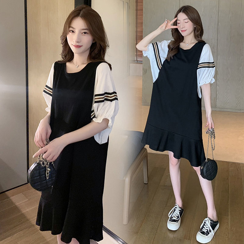 Extra large size 300 catties fake two-piece dress  summer new fat mm loose belly hidden meat pregnant woman dress