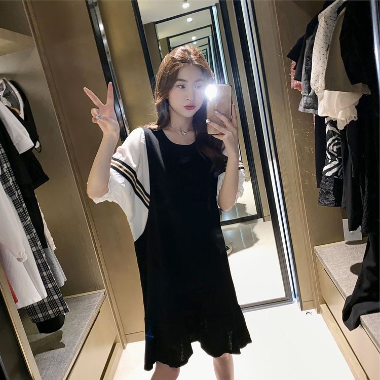 Extra large size 300 catties fake two-piece dress  summer new fat mm loose belly hidden meat pregnant woman dress