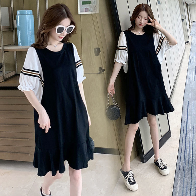 Extra large size 300 catties fake two-piece dress  summer new fat mm loose belly hidden meat pregnant woman dress