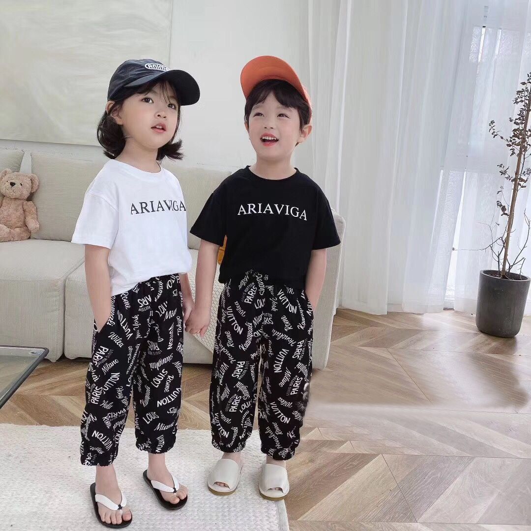100% cotton T-shirt summer children's wear boys' and girls' summer children's suits big kids' foreign style short sleeve anti mosquito pants