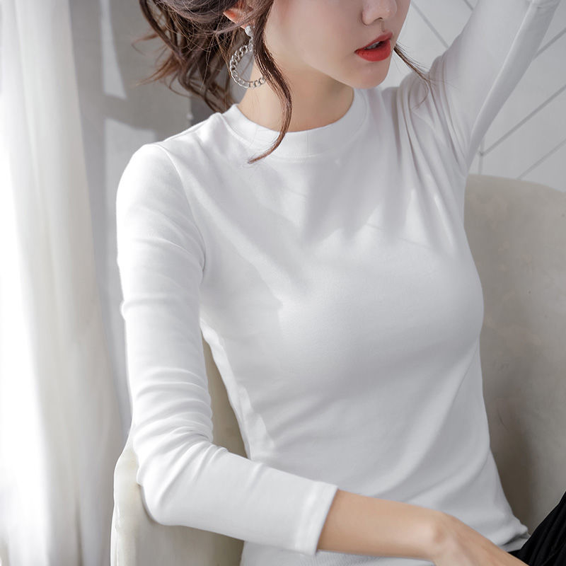 南极人纯棉长袖t恤女内搭纯色秋冬新款打底衫修身白色百搭上衣服【2月