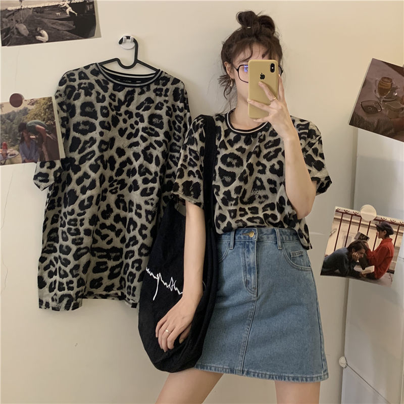 Leopard T-shirt short sleeve women's summer 2020 new high waist Hong Kong style Chaowang red large loose short top