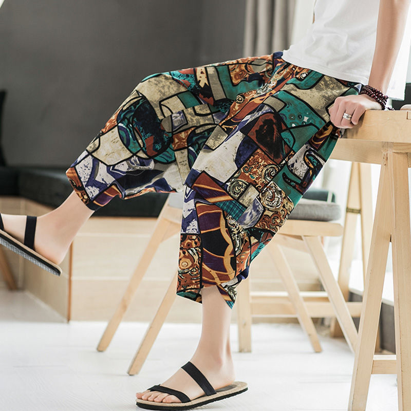 Summer Chinese style cotton shorts men's hip hop casual pants lantern pants loose 7 / 4 wide leg student hip hop large