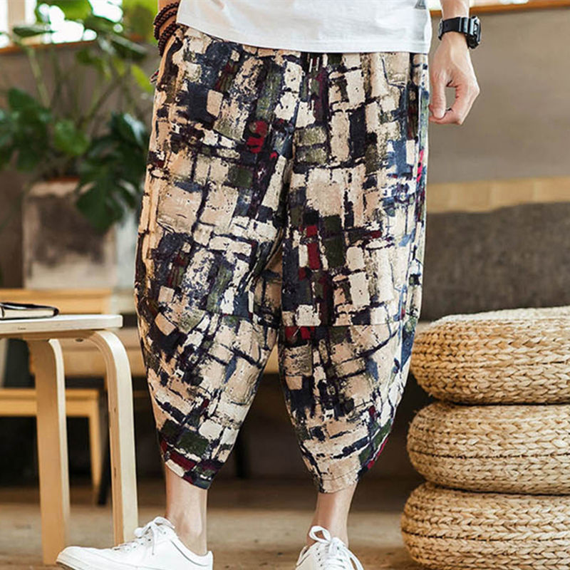 Summer Chinese style cotton shorts men's hip hop casual pants lantern pants loose 7 / 4 wide leg student hip hop large