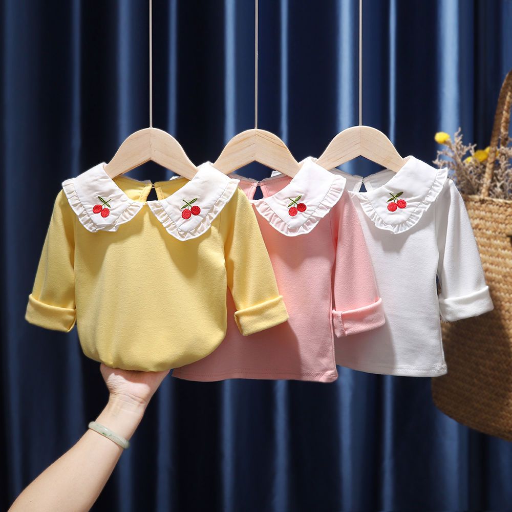 女寶寶長袖T恤春秋童裝2022新款女童純棉翻領打底衫嬰兒白色上衣