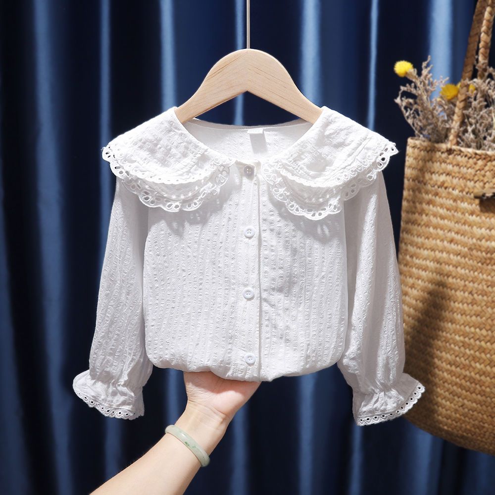 Baby cotton shirt girl 2021 new spring and autumn clothing children's Korean style top girl's pure white shirt fashion