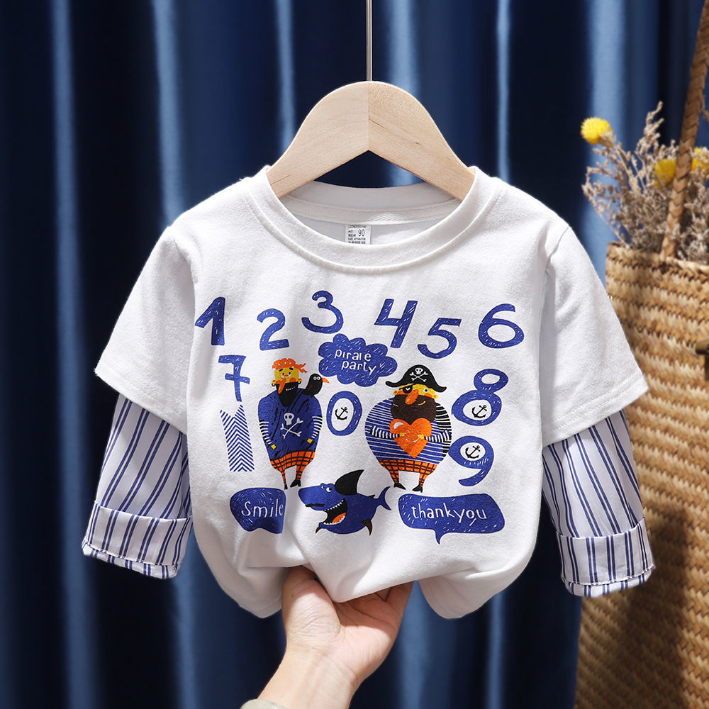 儿童长袖T恤新款春秋装洋气宝宝假两件上衣男女童印花打底衫