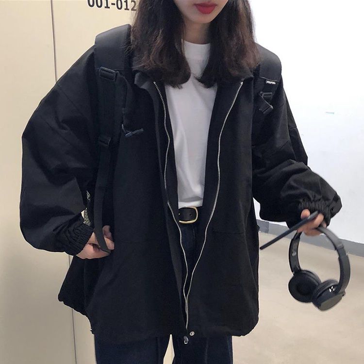 Workwear jacket female autumn Hong Kong style BF lazy style stand-up collar top student Korean version loose slim retro windbreaker trend