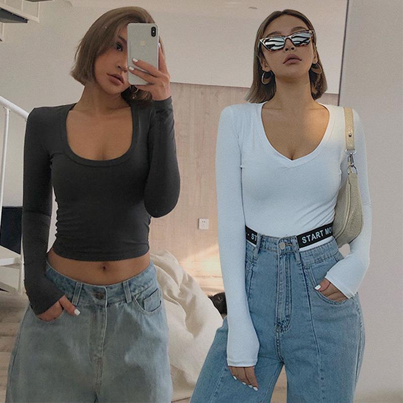 One two-piece dress waist Europe and the United States charming clavicle sexy U-neck elastic tight Long Sleeve T-Shirt Top bottom coat female