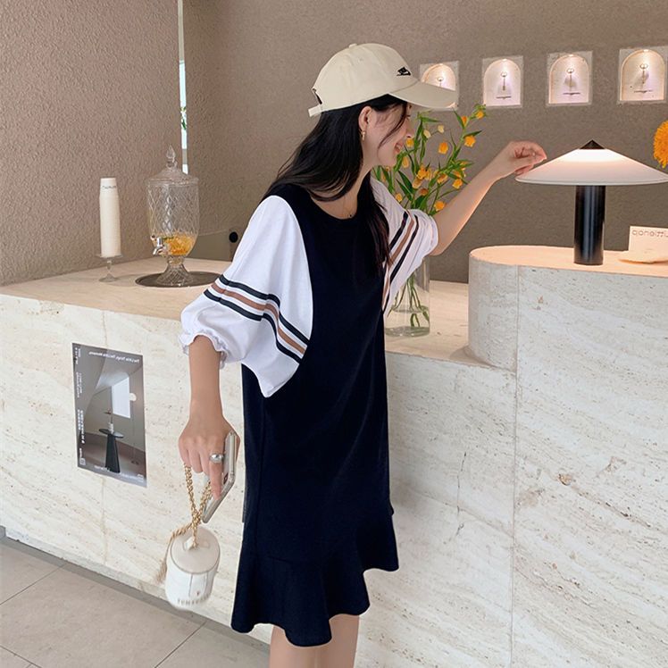 300 catties extra large size fake two-piece pregnant women's dresses  summer fat mm loose mid-length dresses that cover belly and hide meat