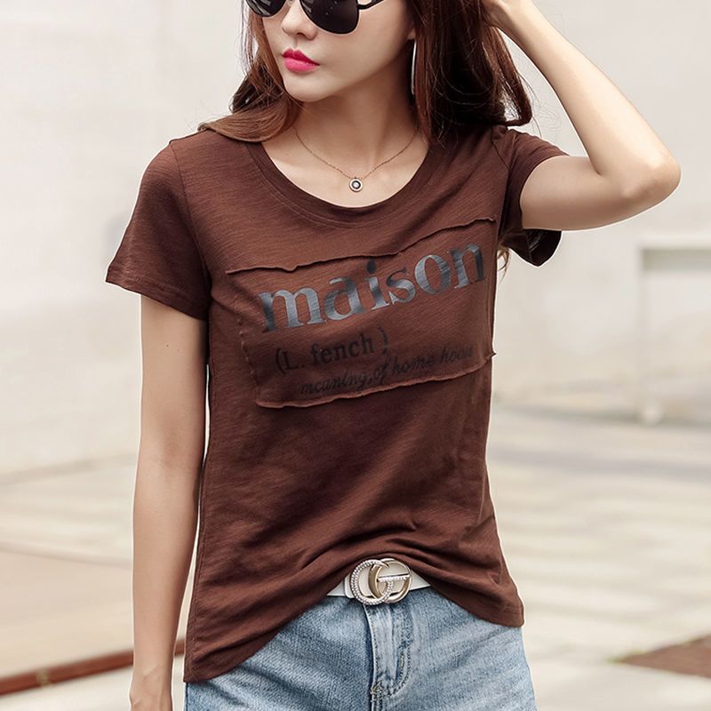 New Korean loose large size pasted cloth letter round neck long sleeve simple breathable slubby cotton women's T-shirt
