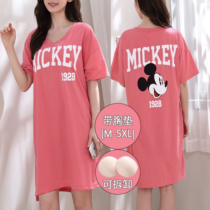 Nightdress with chest pad summer pure cotton can be worn outside Korean version of thin long students plus size loose maternity pajamas summer
