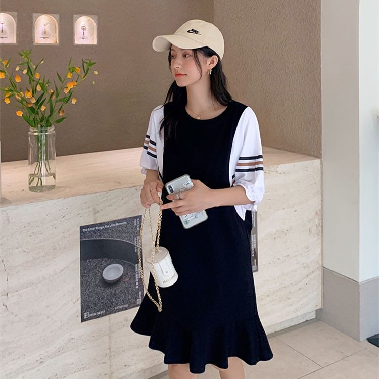 300 catties extra large size fake two-piece pregnant women's dresses  summer fat mm loose mid-length dresses that cover belly and hide meat