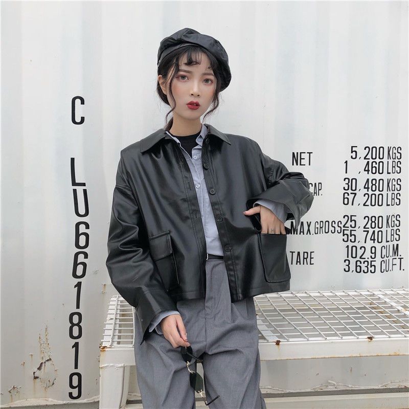 Hong Kong style retro locomotive PU leather coat 2020 South Korea new loose pocket short jacket student girl