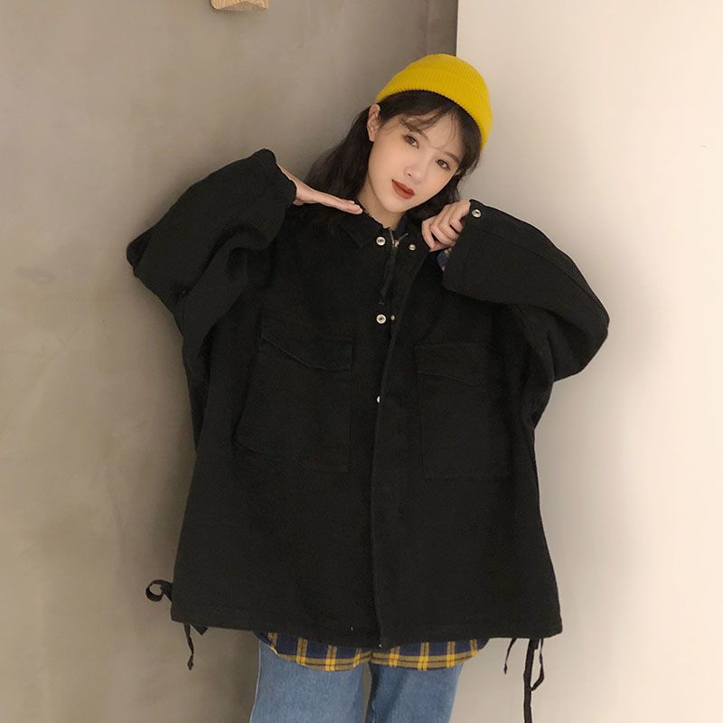 Korean version of solid color tooling jacket female students autumn new Hong Kong style retro loose all-match jacket casual tops