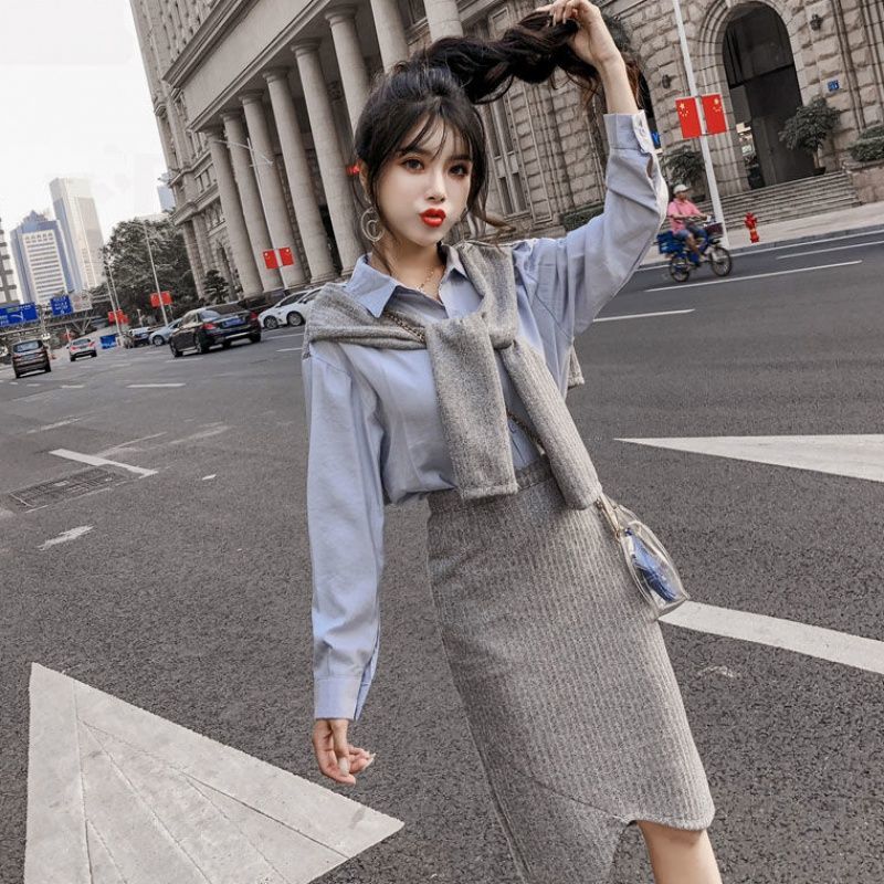 New early autumn suit knitting stitching fake two piece long sleeve shirt 2020 Korean high waist irregular skirt for women