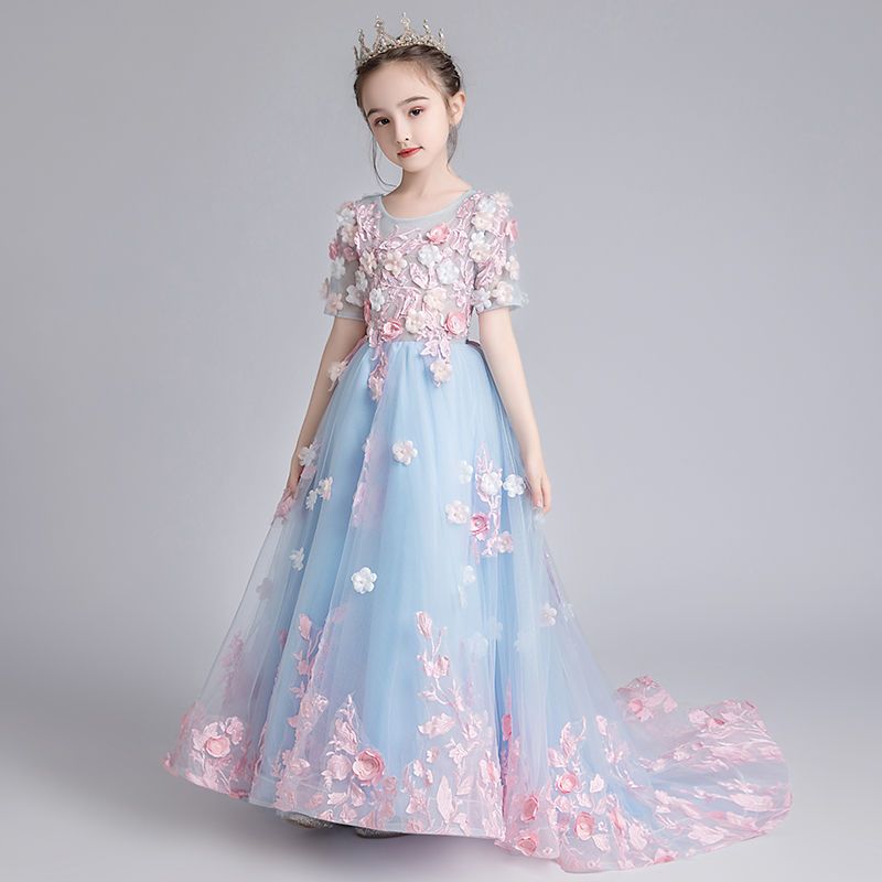 106041-儿童礼服花童公主裙女童蓬蓬纱拖尾走秀主持人钢琴演出服高端洋气-详情图